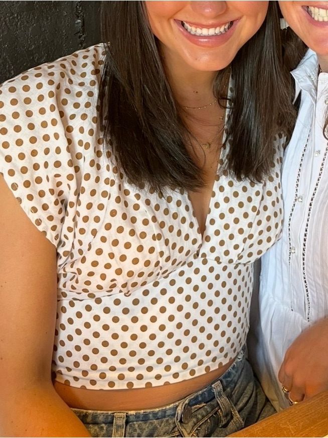 Zara White & Tan Polka Dot V-Neck Crop Top